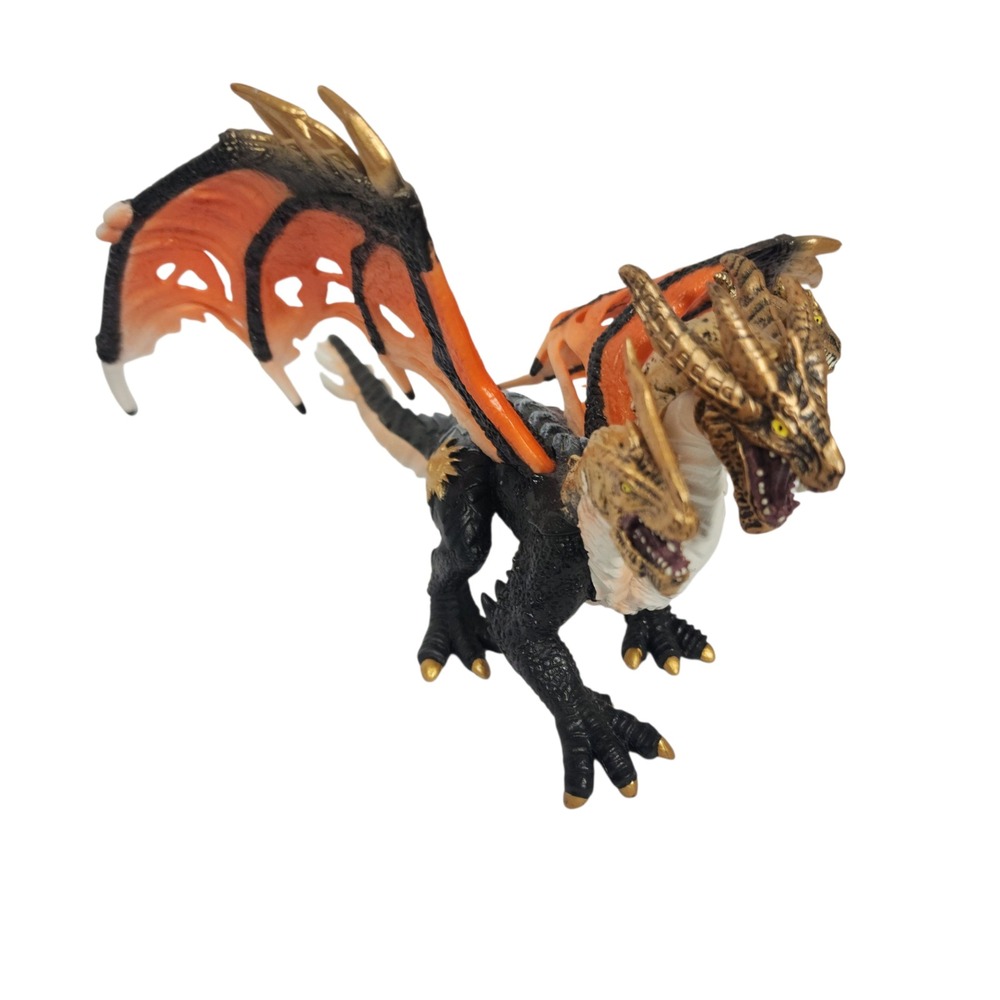 Dual Headed Dragon Figure Fantasy Creature Orange Winged Gold Accents